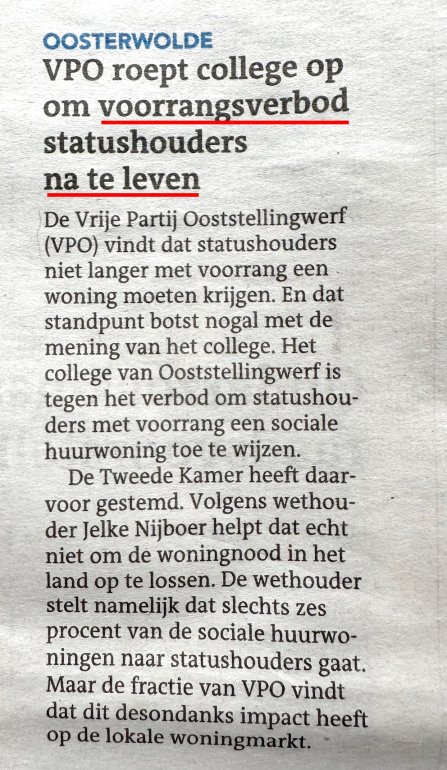VPO: Statushouders GEEN voorrang!